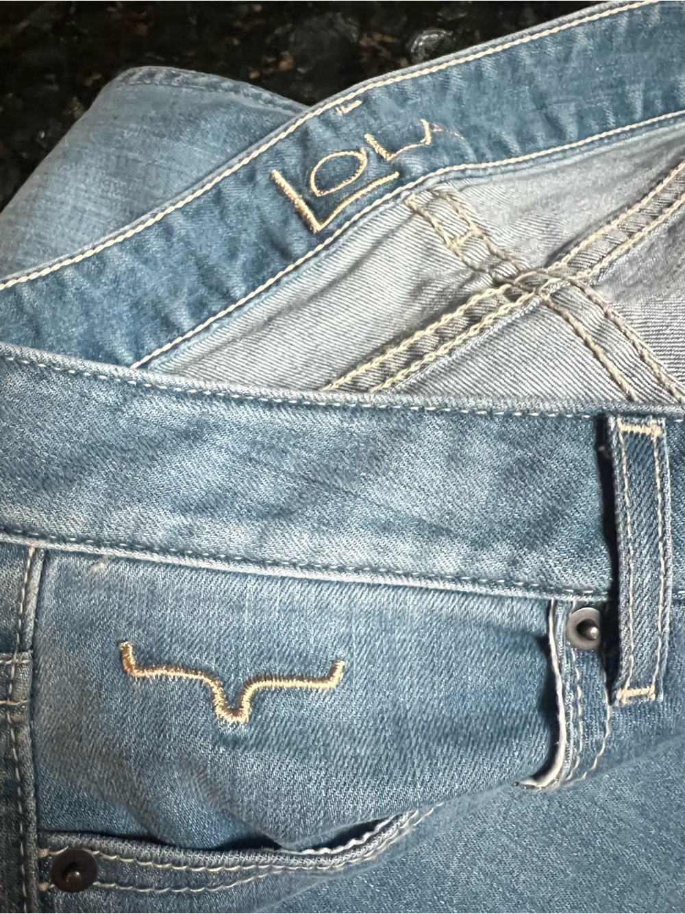 Kimes Ranch Blue Denim Jeans with Tan Stitching